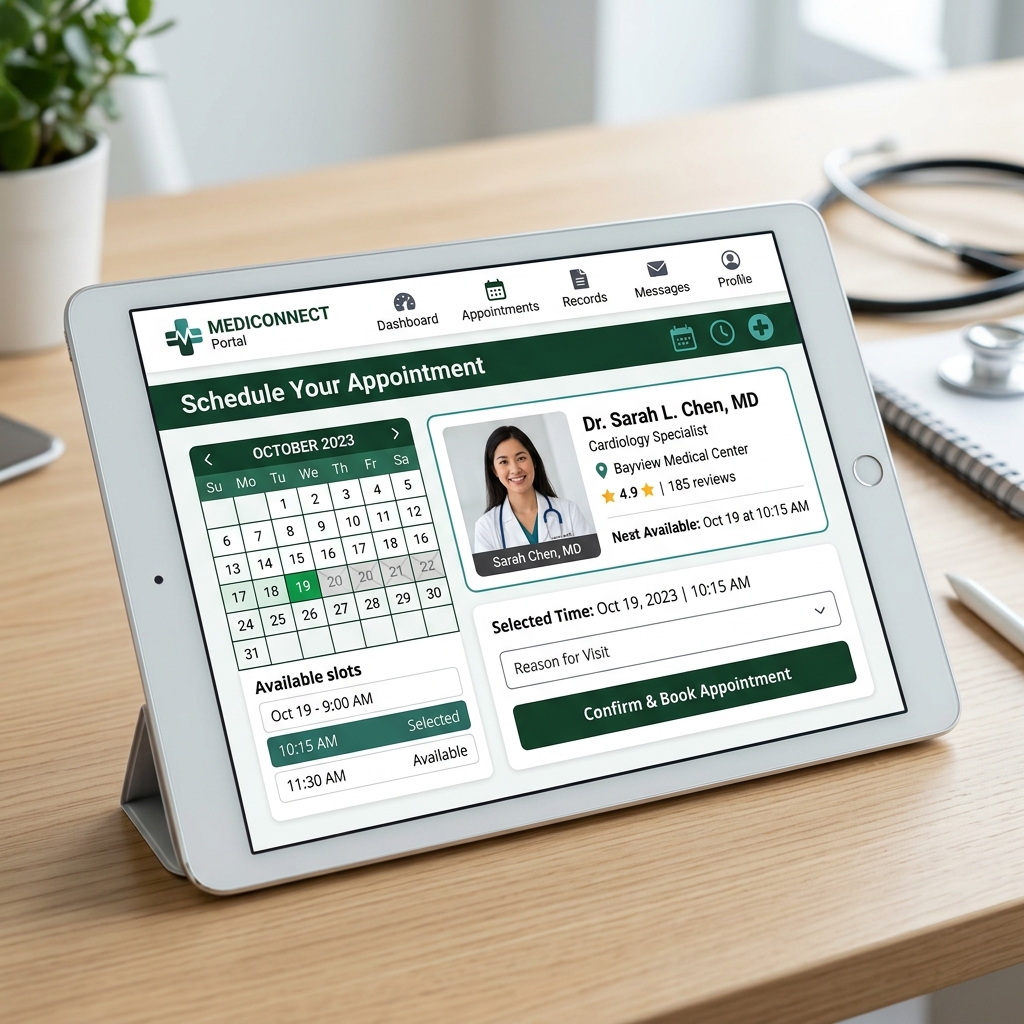 Sleek medical website dashboard interface displaying clinical scheduler on iPad